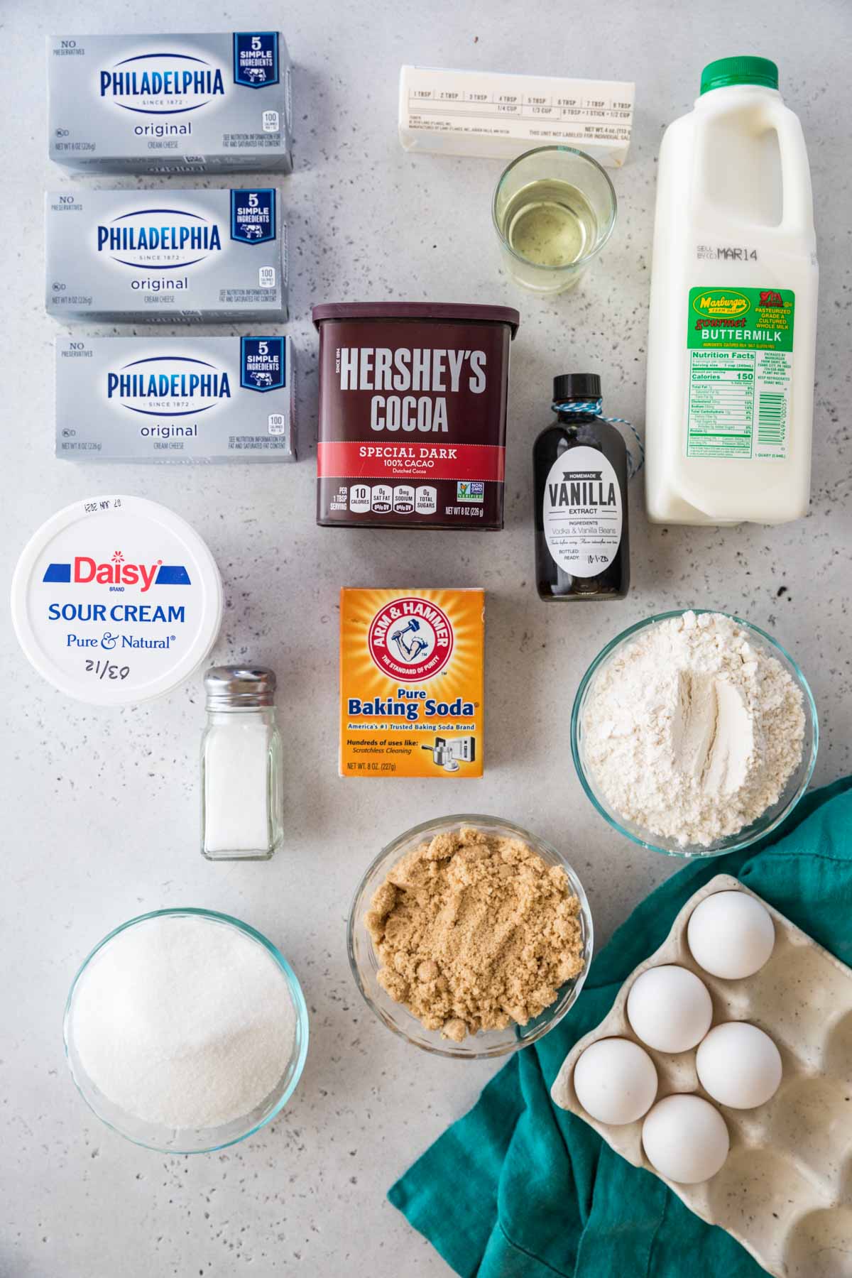 top-down view of ingredients for cheesecake stuffed cake