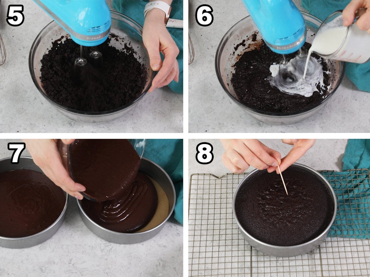 collage of four photos showing how to make the cakes for cheesecake stuffed cake