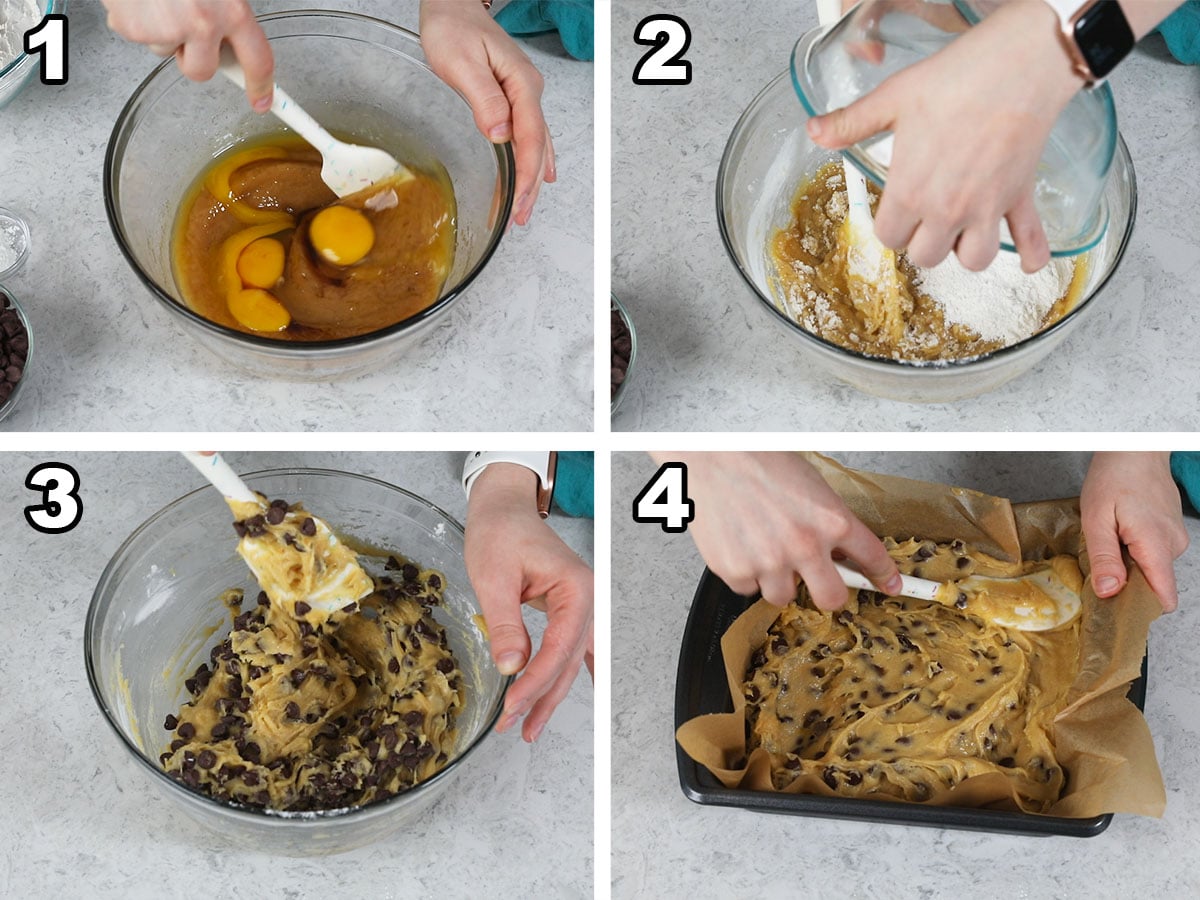 collage of four photos showing how to make chocolate chip cookie bars