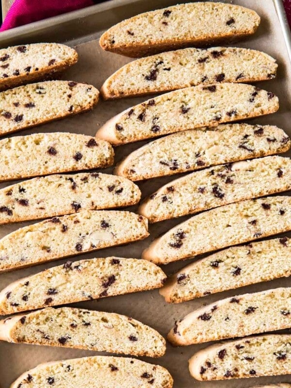overhead view of homemade biscotti cookies cooling on a cookie sheet