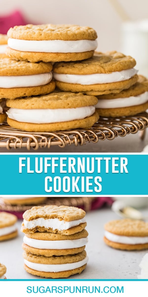 collage of fluffernutter cookies, top image of multiple cookies stacked on gold wire tray, bottom image of three cookies stacked top cookie with bite taken out