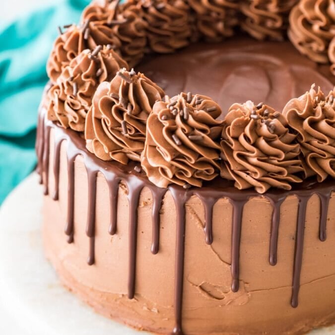 chocolate cake decorated with a chocolate ganache drip