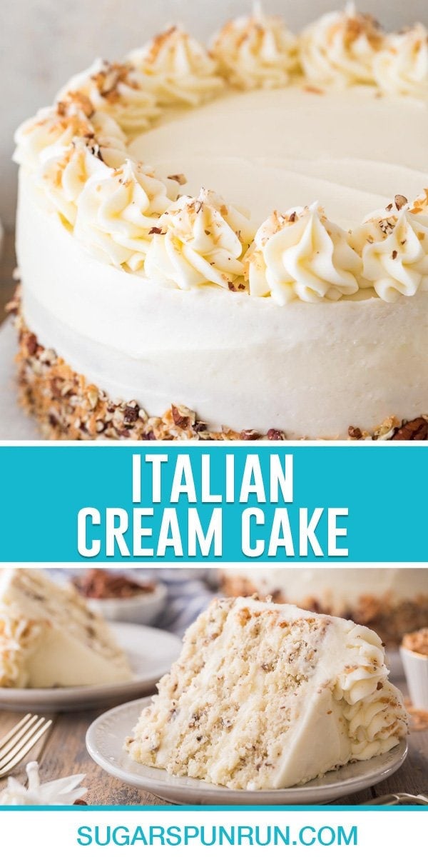 collage of italian cream cake, top image of full cake, bottom image of single slice