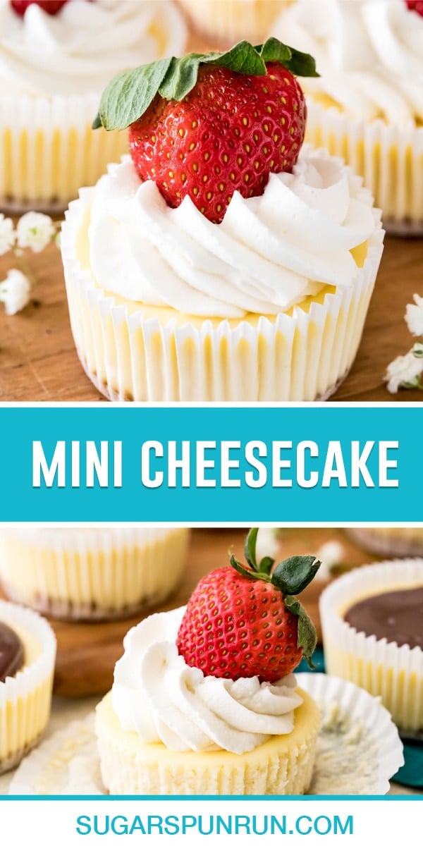 collage of mini cheesecake, top image close up with strawberry on top, bottom image of wrapper taken off.