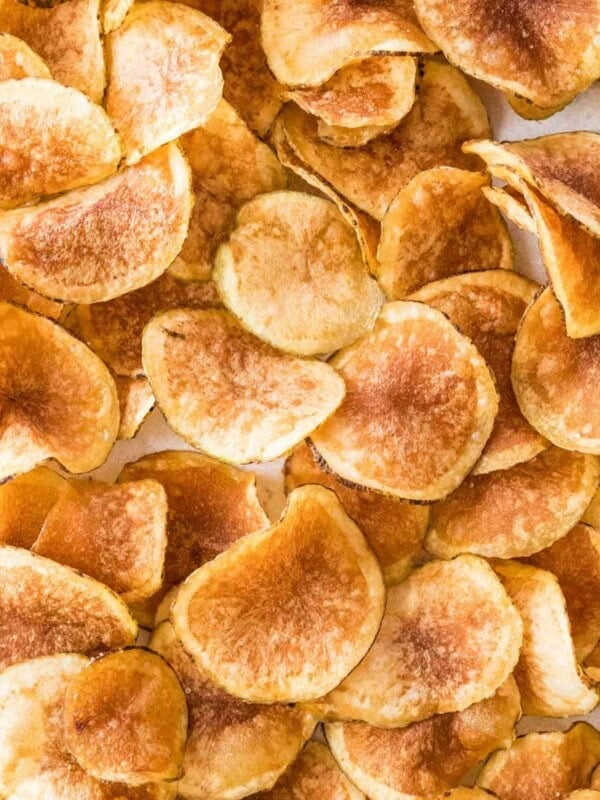 overhead view of golden brown homemade kettle chips