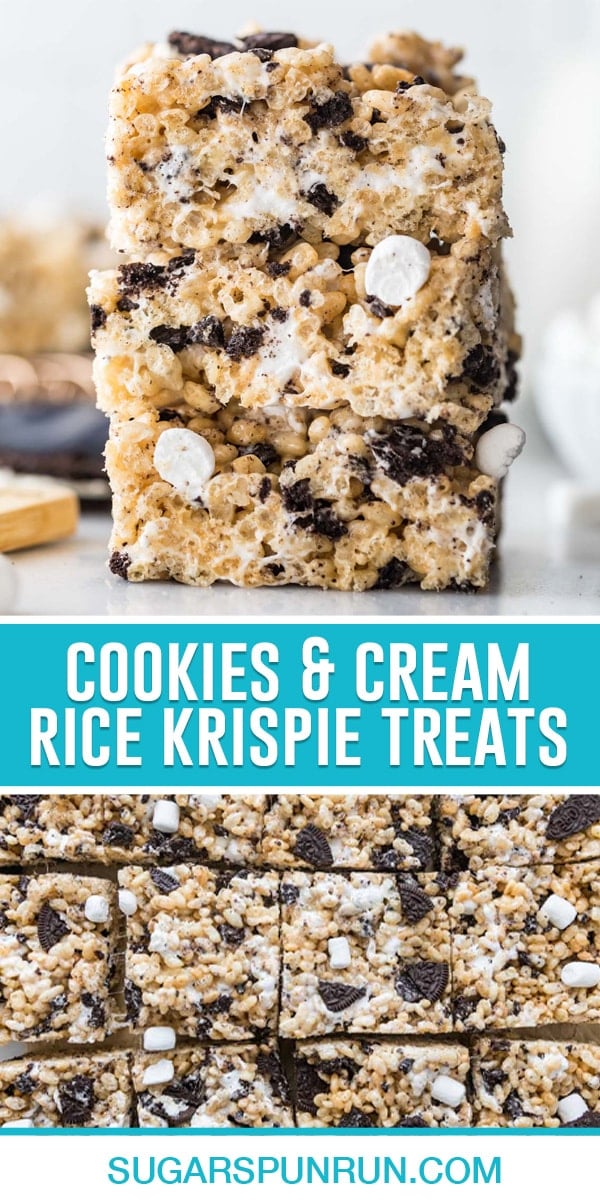 collage of cookies and cream rice krispie treats, top image of three bars stacked, bottom image of squares cut