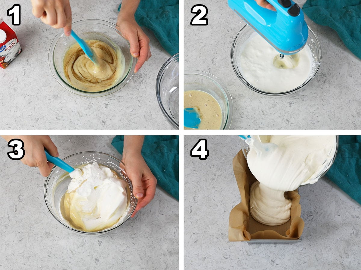 collage of four photos showing an ice cream mixture being prepared and poured into a metal bread pan