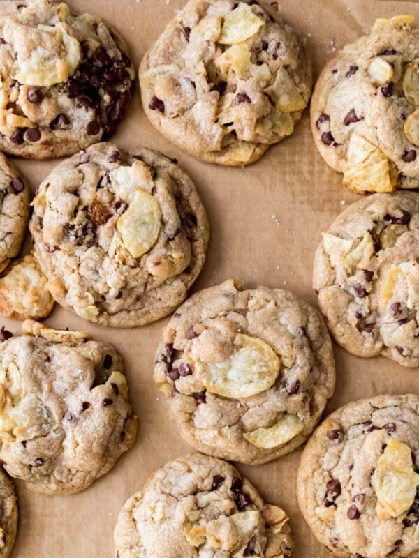 overhead view of potato chip cookies on a parchment lined sheet