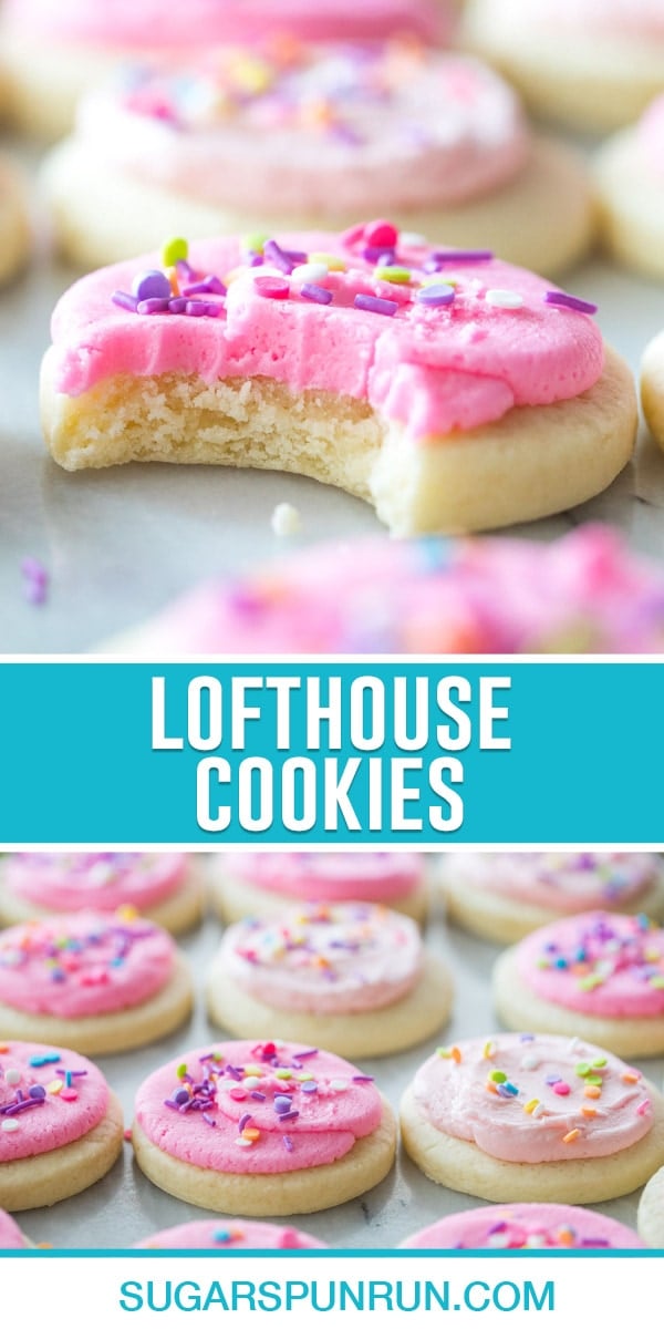 collage of lofthouse cookies, top image of single cookie with bite taken out, bottom image of multiple cookies neatly spread out