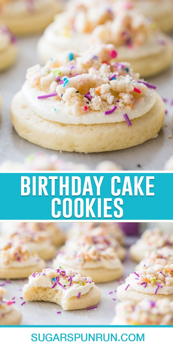 collage of birthday cake cookies, top image of single cookie, bottom image of multiple nicely spread out, one cookie with bite taken out.
