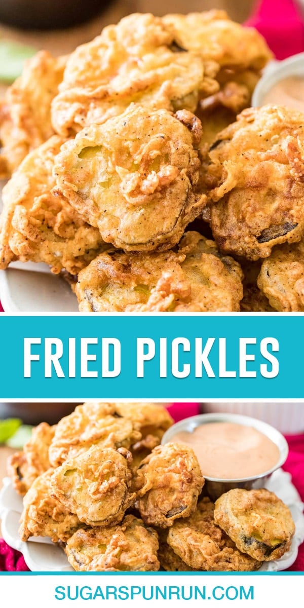 collage of fried pickles, top image close up of fried pickle chips, bottom image of chips in bowl with dipping sauce