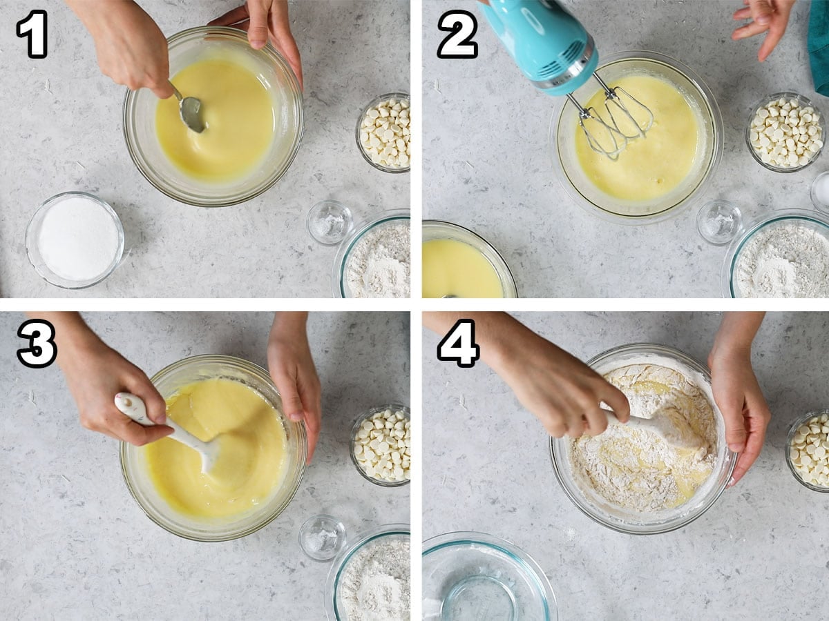 collage of four photos showing a brownie batter being prepared with melted white chocolate
