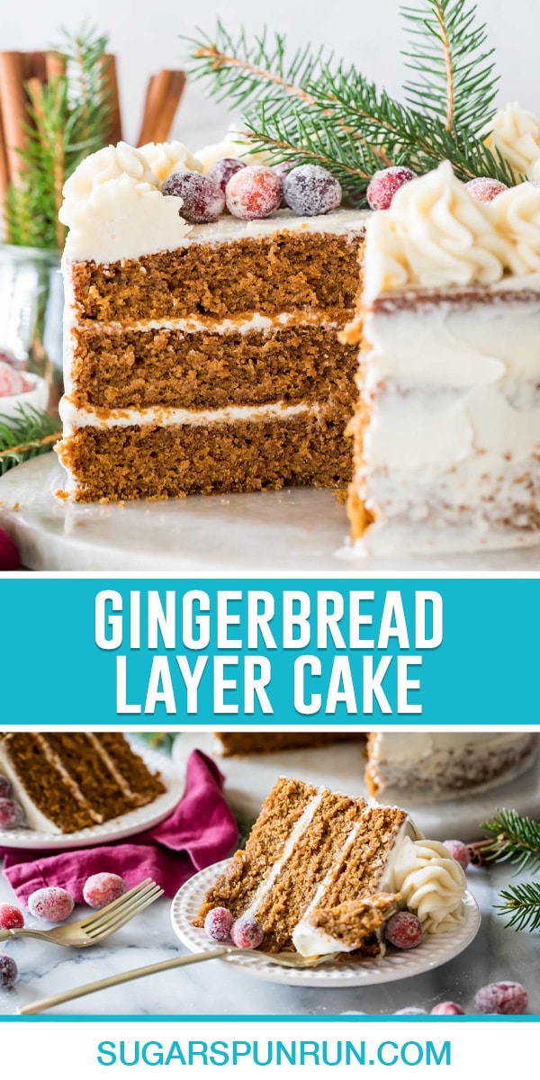 collage of gingerbread layer cake, top image of full cake with slice taken out, bottom image is close up of single slice of cake placed nicely on its side
