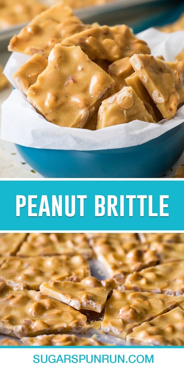 collage of peanut brittle, top image of broken brittle in teal bowl, bottom images of cracked pieces on baking tray close up
