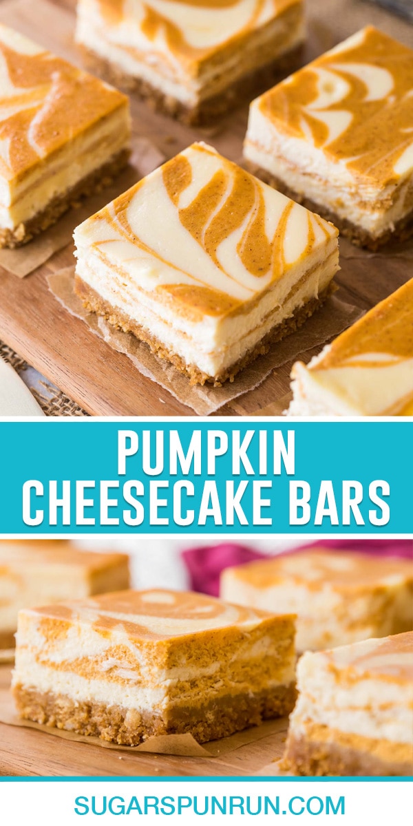 collage of pumpkin cheesecake bars, top image of nicely cut bars spread out neatly on wood slab, bottom image of close of cheesecake bar and its swirls