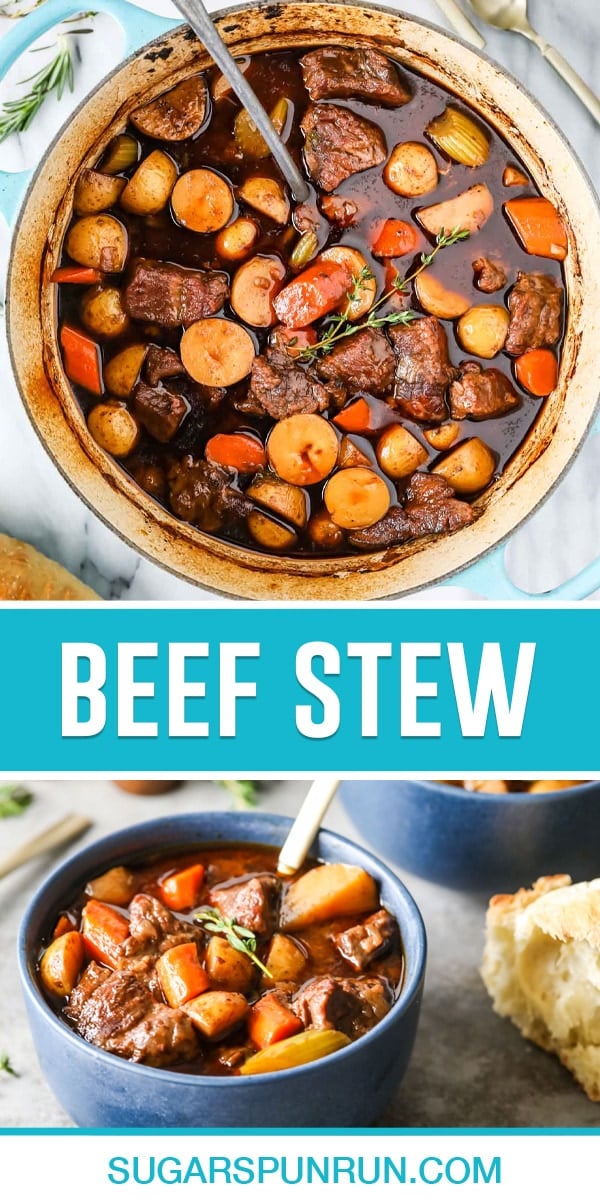 collage of beef stew, top image was taken of pot of stew photographed from above, bottom image taken from side view served in blue bowl
