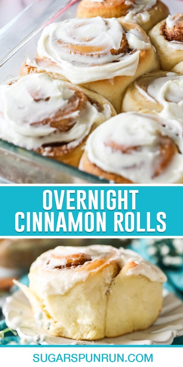 collage of overnight cinnamon rolls, top image of rolls in glass pan freshly baked, bottom image of single roll on a white plate