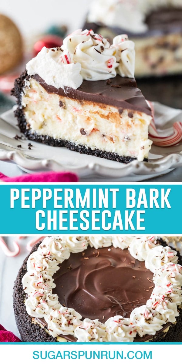 collage of peppermint bark cheesecake, top image of single slice of cheesecake, bottom image of full cheesecake