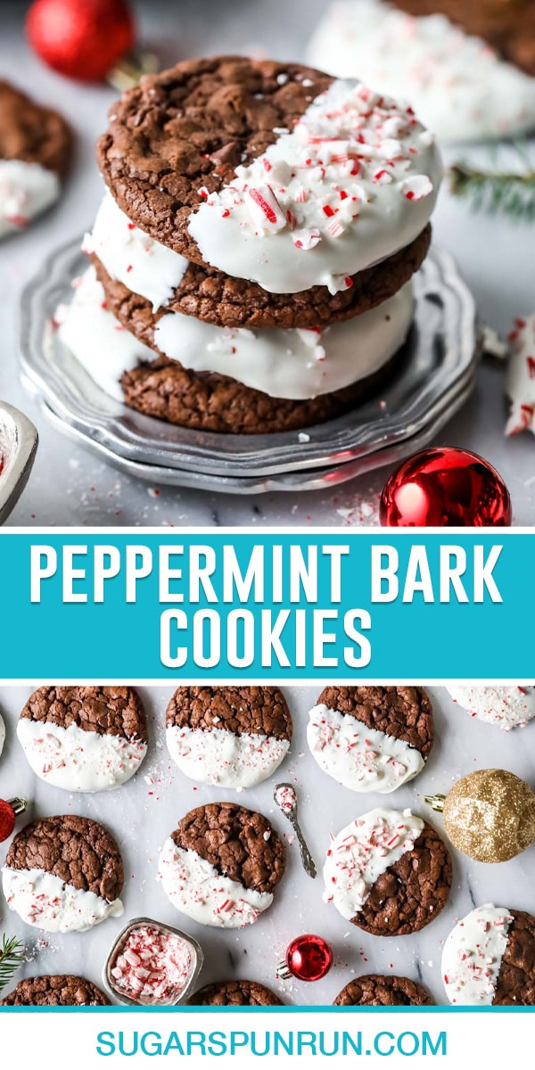 collage of peppermint bark cookies, top image of four cookies stacked, bottom image of cookies on marble slab nicely spread out