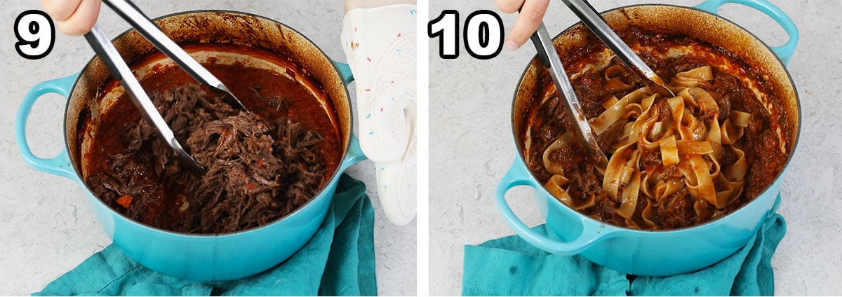 Collage of two photos shredded beef being added to a pot of tomato sauce and tossed with wide pasta noodles.