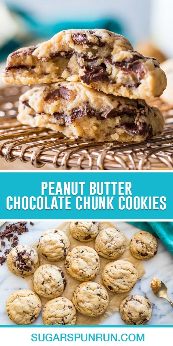 collage of peanut butter chocolate chunk cookies, top image is a close up of a cookie broken in half stacked on top of the other, bottom image is of multiple cookies neatly placed on marble slab photographed from above