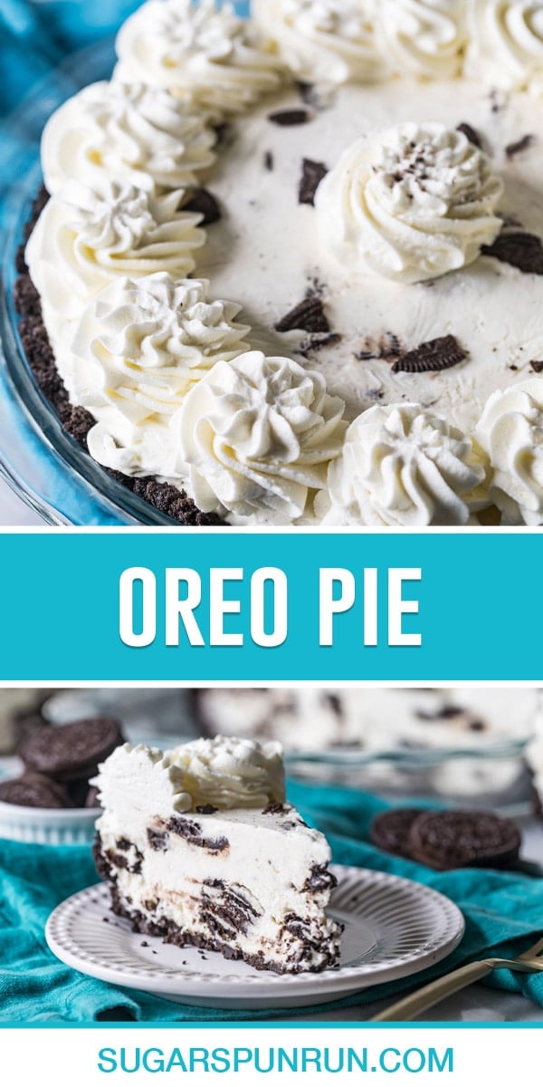 collage of oreo pie, top image of full pie, bottom image of single slice cut on white plate