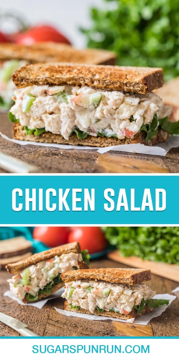 collage of chicken salad, top image of sandwich with chicken salad lettuce on toasted bread close up, bottom image of two halves nicely placed on wood slab