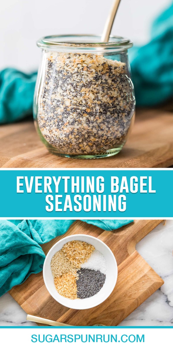 collage of everything bagel seasoning, top image of spices in clear jar, bottom image of spices in white small bowl not mixed together, photographed from above