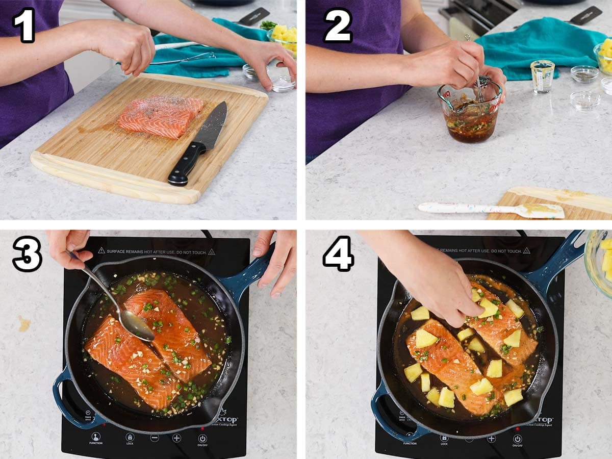 Collage of four photos showing salmon being cooked in a sauce over the stove.