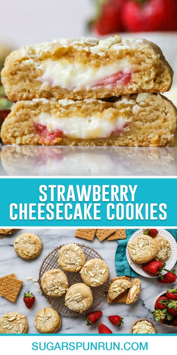 collage showing image for thick strawberry cheesecake cut in half on top and overhead of cookies beneath.