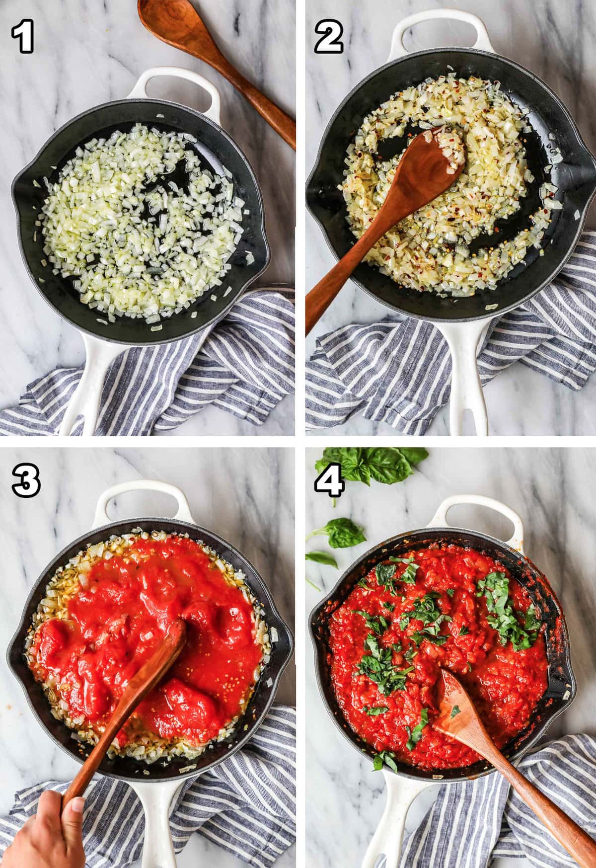 Collage of process of arrabiata sauce