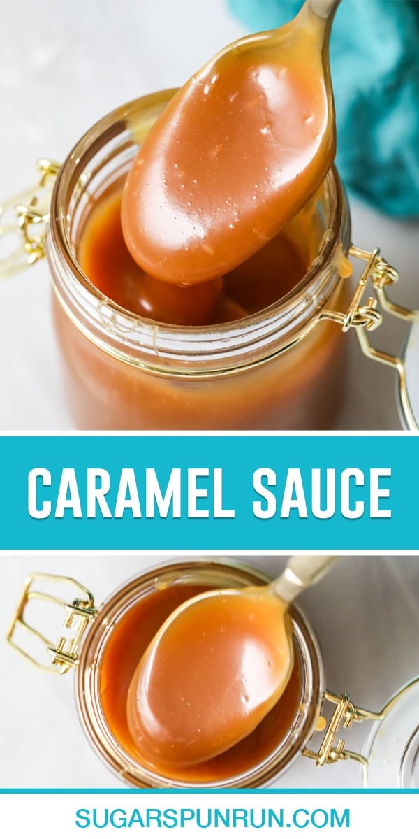 collage of caramel sauce, top image is a close up of sauce with focus on spoon filled with sauce, bottom image photographed from above