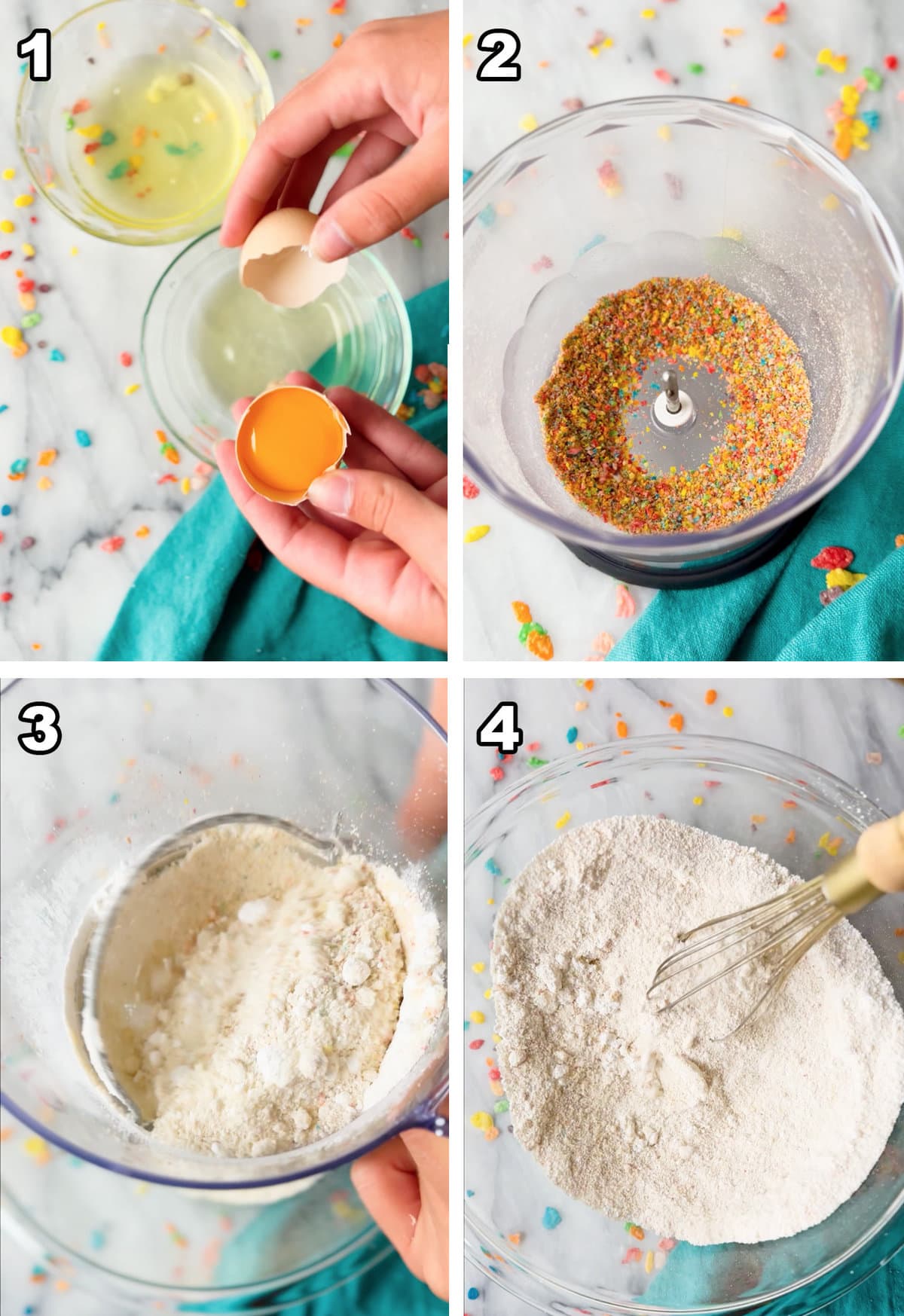 fruity pebble macaroons collage, process 1 through 4, Separate egg whites, Crushing fruity pebbles, Sift powdered sugar/fruity pebbles/almond flour, Whisk together af ps fruity pebbles