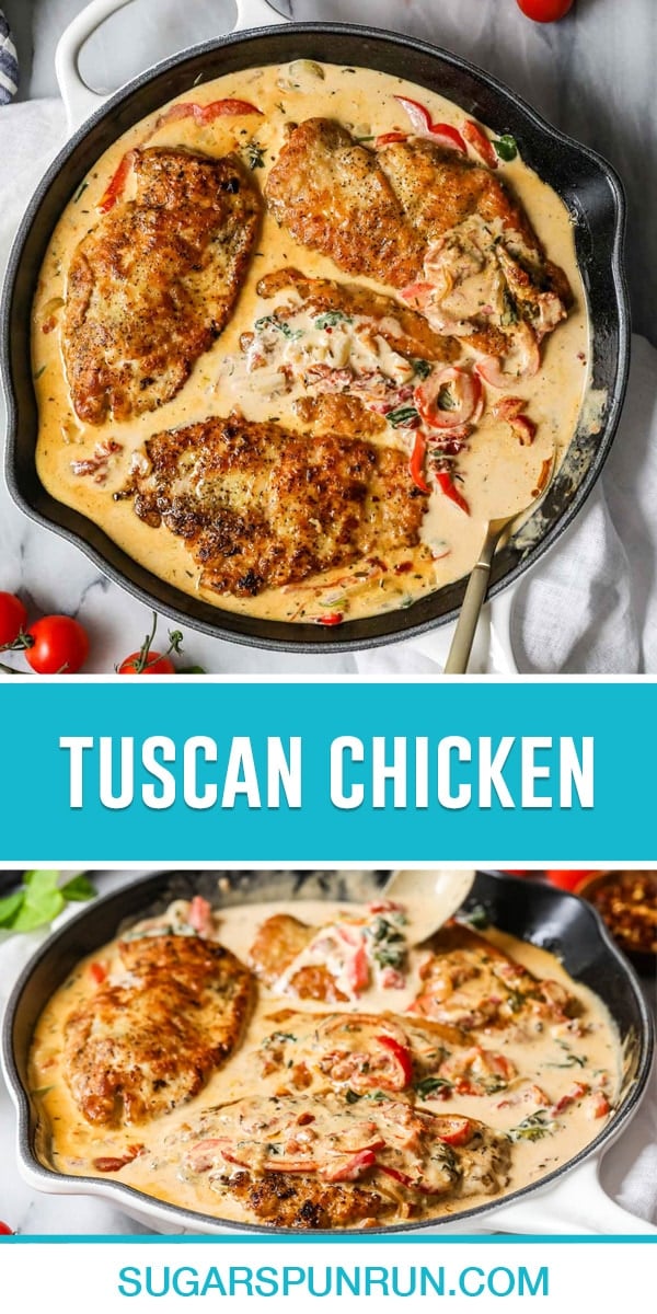 collage of tuscan chicken, top image bird eyes view of chicken in cream sauce in pan, bottom image same pot photographed from its side