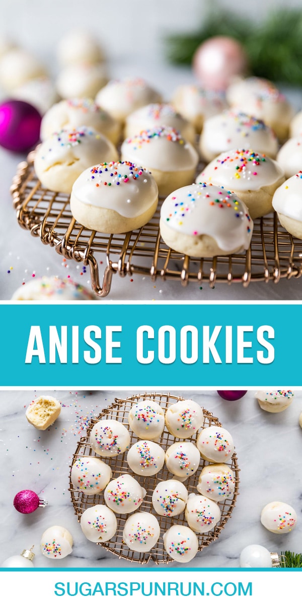Two image collage of Anise Cookies, top oimage of multiple cookies on gold wire tray, bottom image same but photgraphed from above