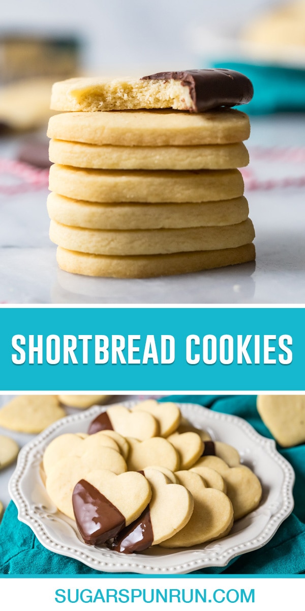 collage of shortbread cookies, top image of cookies stacked, bottom image of cookies on white plate