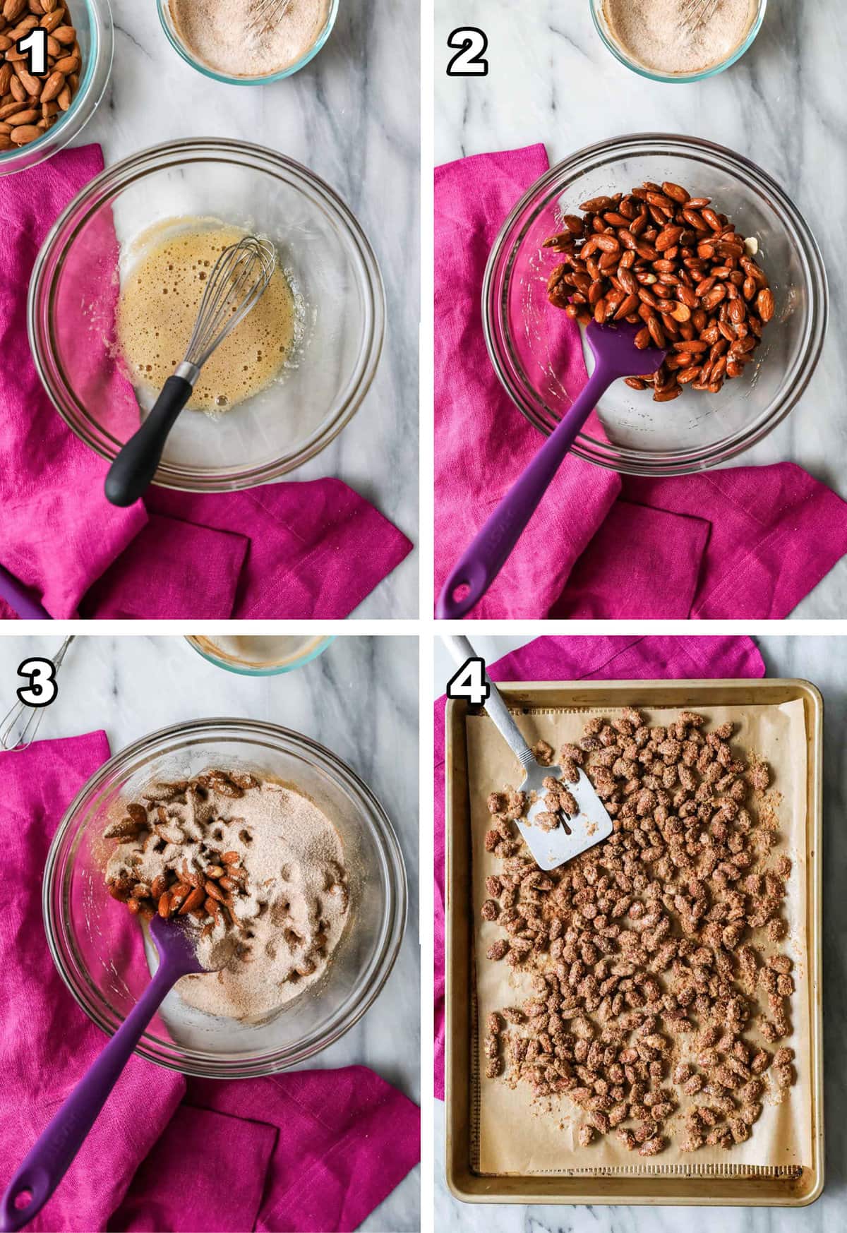 Collage of four photos showing candied almond process