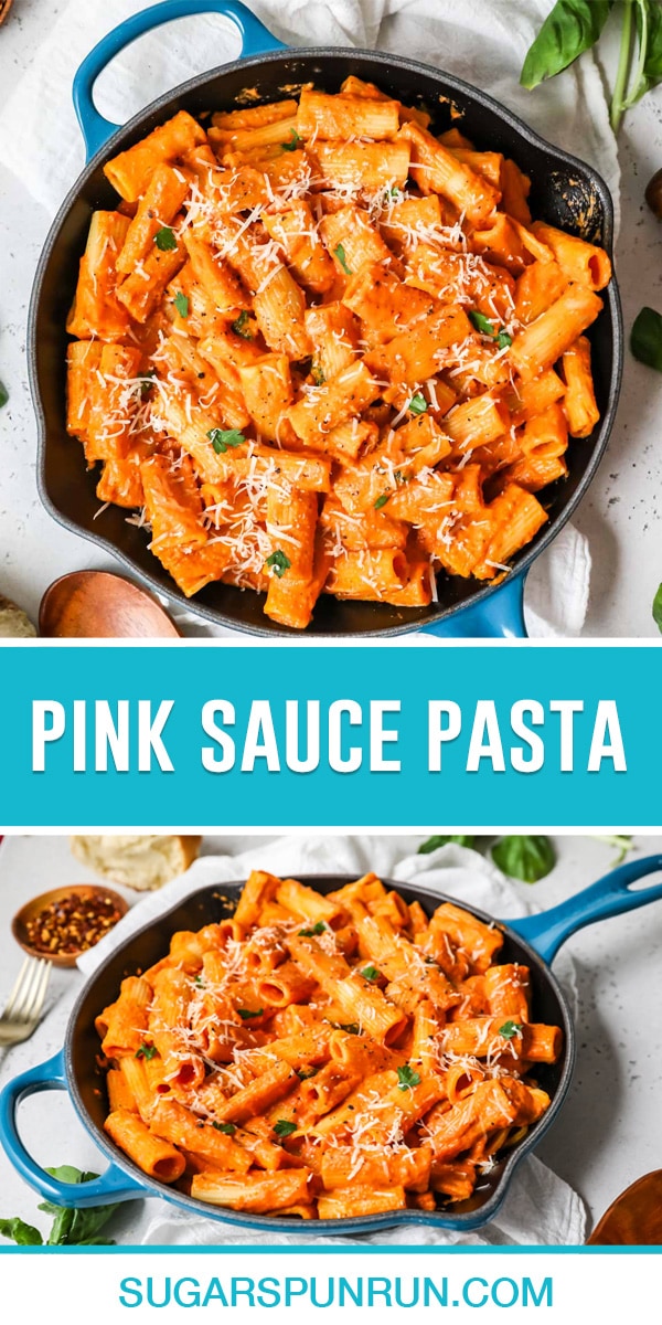 collage of pink sauce pasta, top image of pasta in skillet photographed from above, bottom image photographed from side