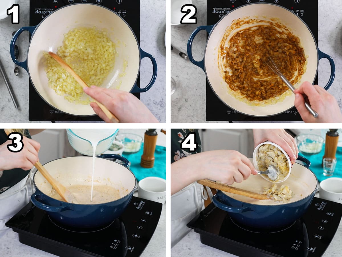 Collage of four photos showing onion being sautéed and combined with spices, cream, and crab.