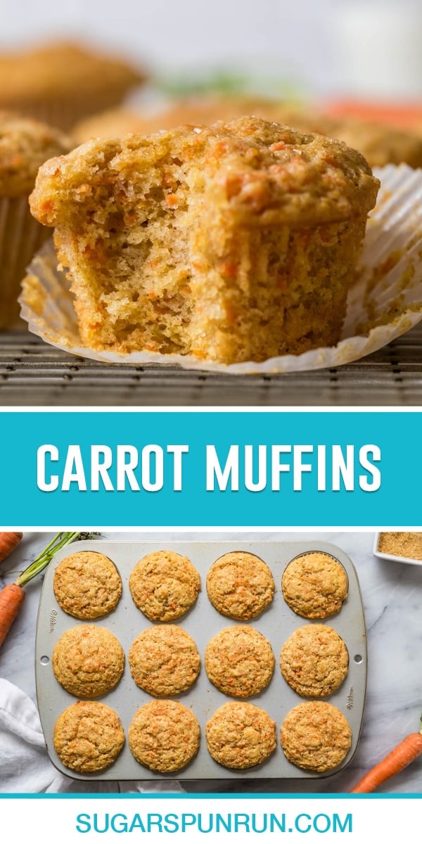 2-image collage of carrot muffins, top image of fluffy, bitten into muffin, bottom image of overhead of muffins in pan