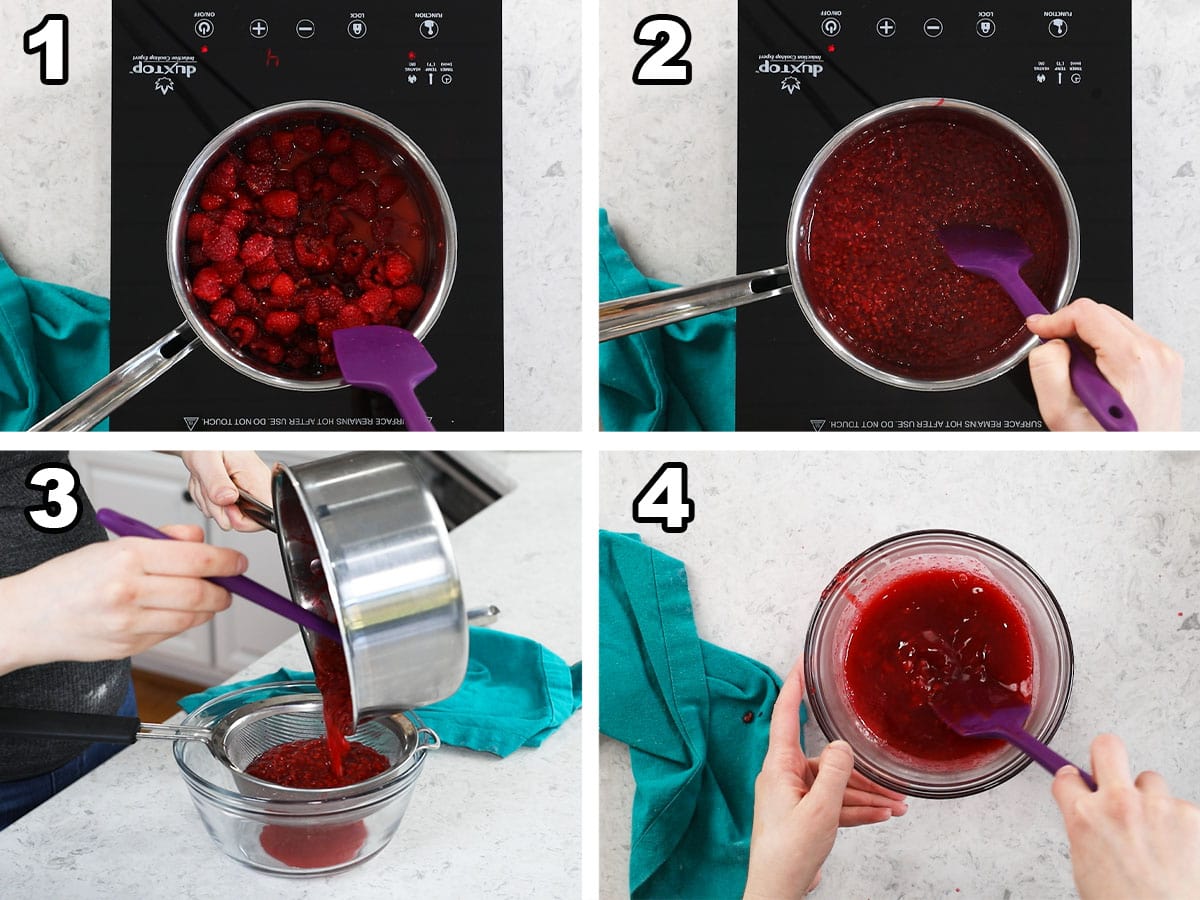 Four photos showing raspberries being cooked down into a sauce and strained.