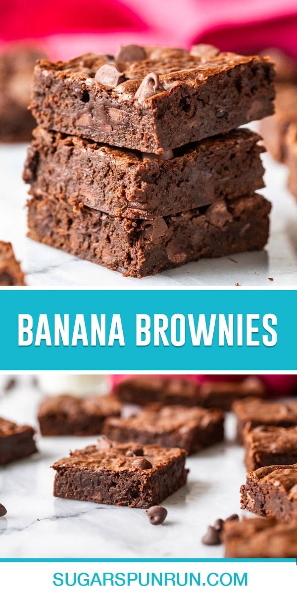 collage of banana brownies, top image of three brownies stacked, bottom image single brownie on marble slab close up