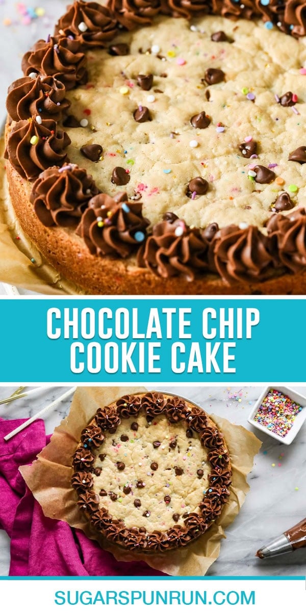 collage of chocolate chip cookie cake, top image a close up of cake, bottom image photograph from above full cake