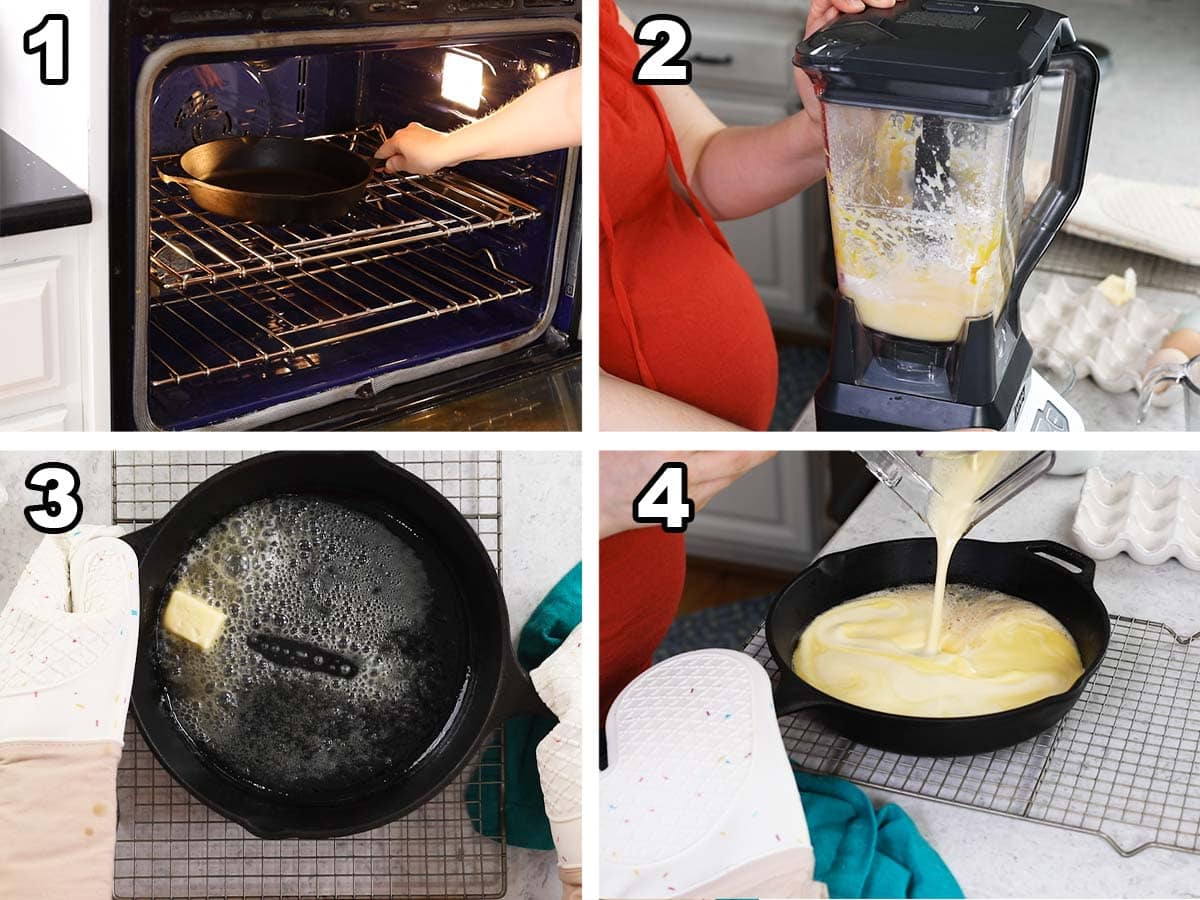 Four photos showing batter being prepared and poured into a hot, buttered cast iron skillet. 