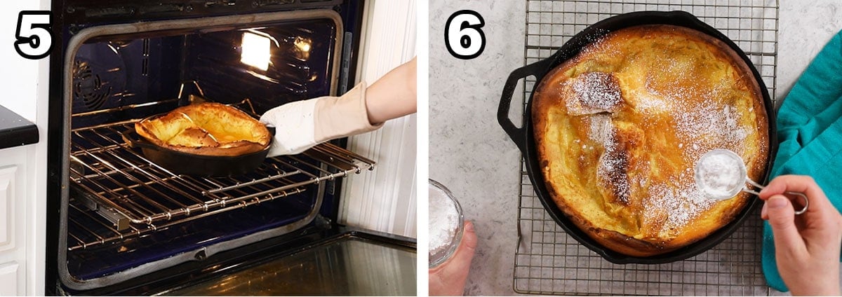Two photos showing a dutch baby being removed from the oven and dusted with powdered sugar.