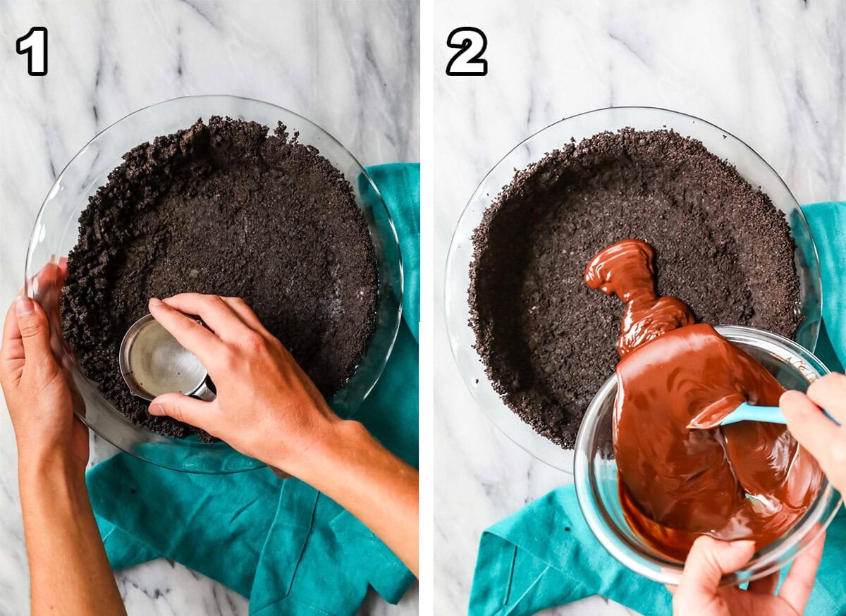 Two photos showing a chocolate cookie crust being prepared and topped with chocolate ganache.