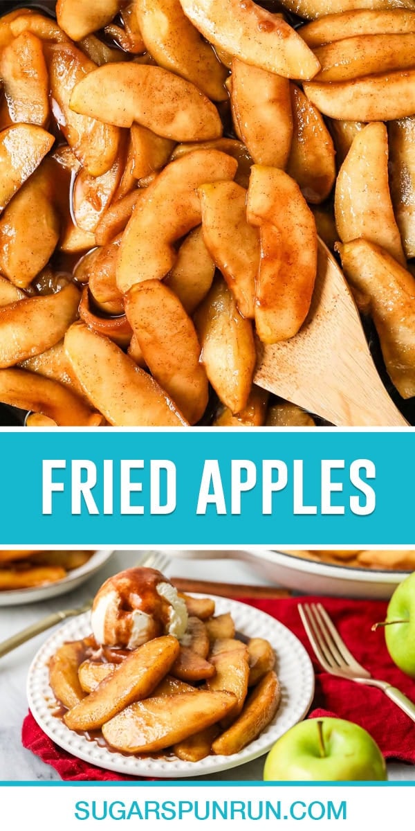 collage of fried apples, top image is a close up of fried apples, bottom image of apples on plate with ice cream