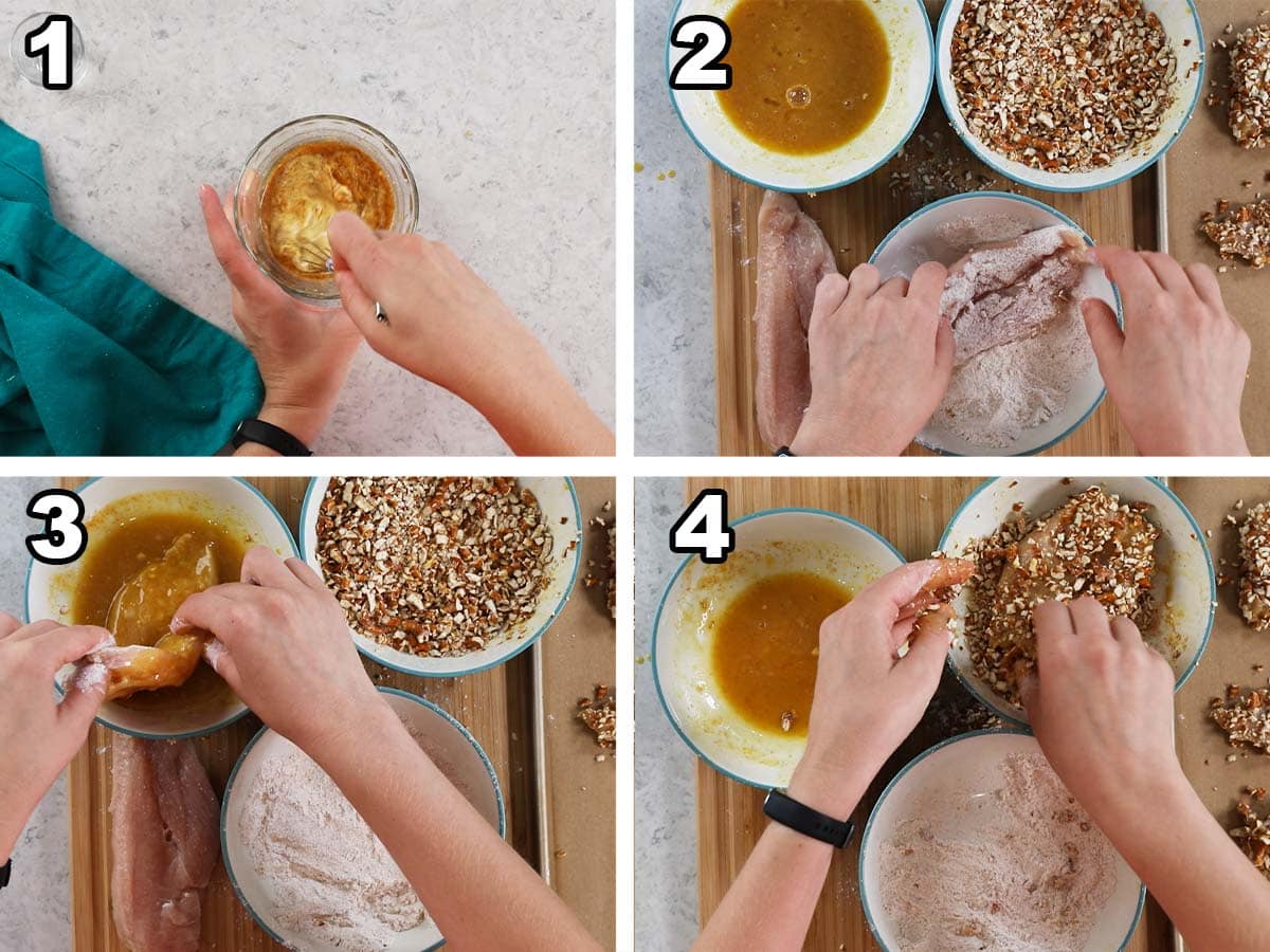 Four photos showing ingredients being prepared for a pretzel coating for chicken.