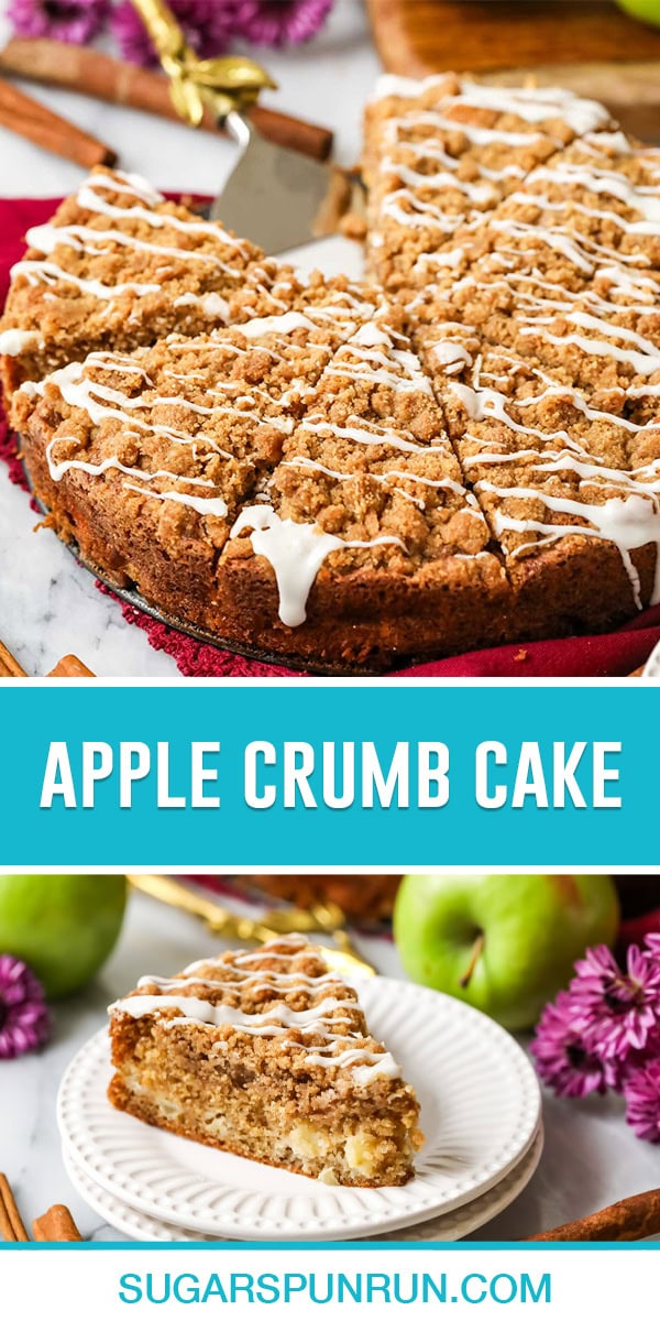 collage of apple crumb cake, top image of full cake sliced, one slice missing, bottom image of single slice on white plate photographed close up