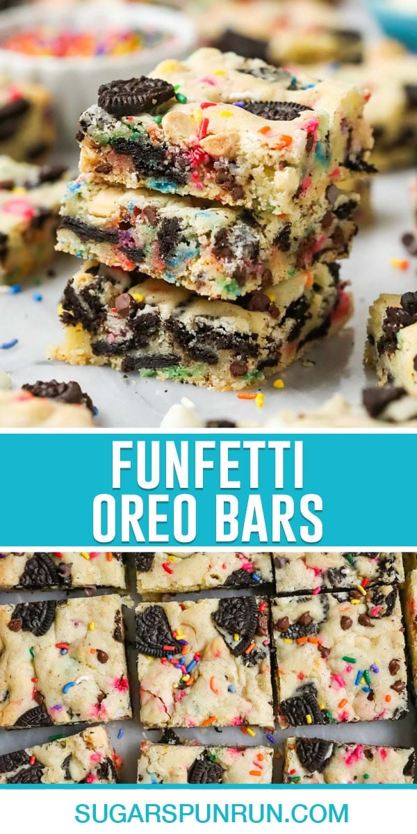 collage of funfetti oreo bars, top image of three bars stacked, bottom image of multiple bars cut photographed from above